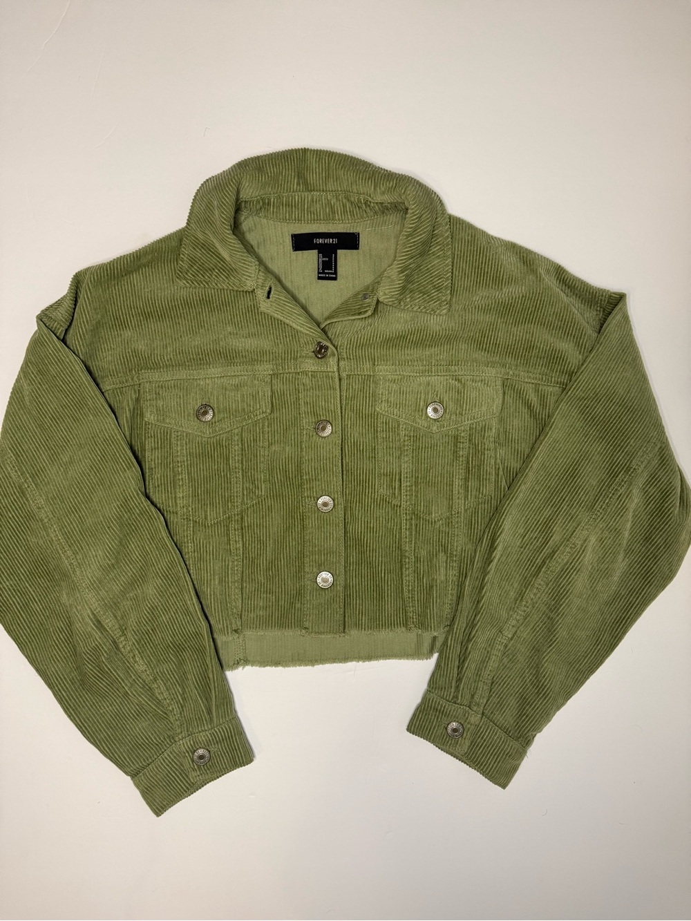 Forever 21 Light Olive Green Cropped Corduroy Jean Jacket
